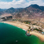 Aerial view of sandy beach emirate of Fujairah in the United Arab Emirates